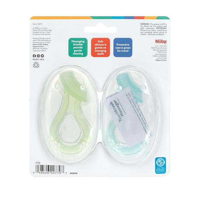 Nuby Soft Silicone Gum Massager with Hygienic Case, 2-Pack, 3 m+