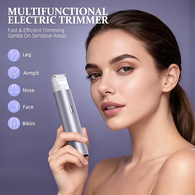 Bikini Trimmer for Women, Dual Head Face Shaver Body Hair Trimmmer, IPX7 Waterproof Womens Electric Razor for Legs, Light Purple