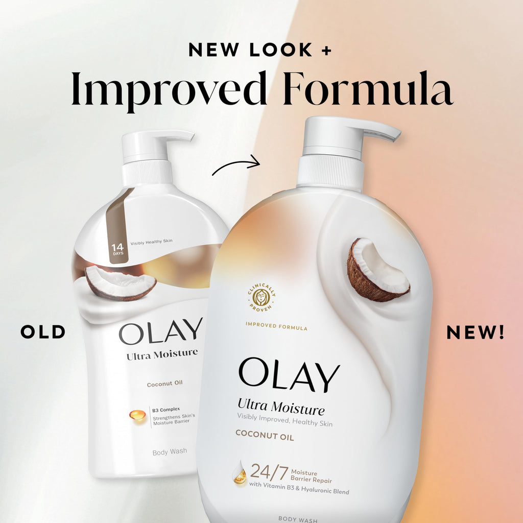 Olay Body Wash for Women, Ultra Moisture, 24/7 Moisture Barrier Repair, Hydrating Formula for Visibly Healthy Soft Skin, Vitamin B3 & Hyaluronic Blend, For All Skin Types, Coconut Oil Scent, 35 fl oz