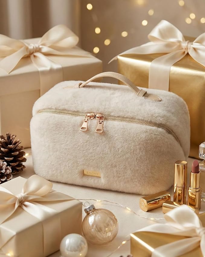EACHY Travel Makeup Bag,Cute Faux Fur Cosmetic Bag for Women,Portable 180°Wide-Open Flat Make Up Bag,Large Capacity Makeup Pouch Make Up Organizer with Divider and Handle
