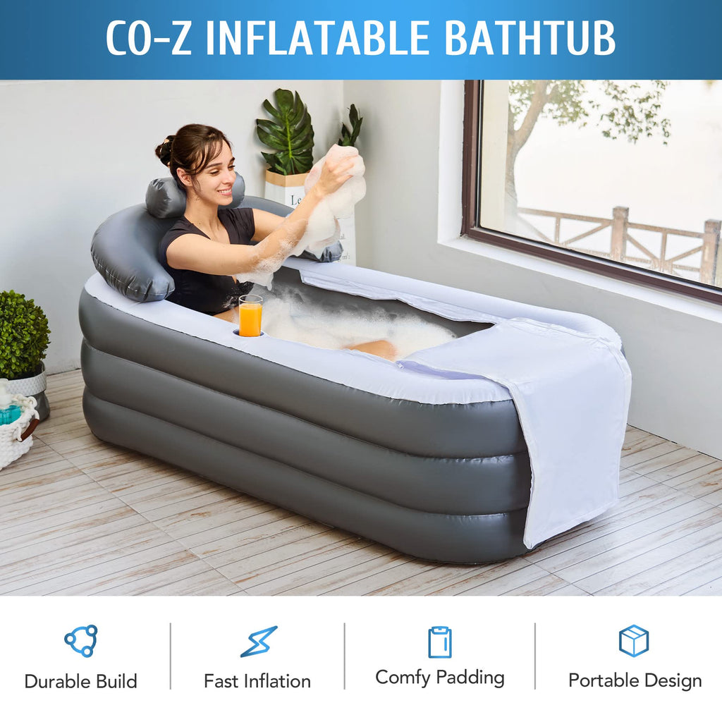 CO-Z Inflatable Bathtub With Electric Air Pump, Portable Tub With Blow Up Bath Pillow Cover, Drainage Cup Holder, Foldable Outdoor Freestanding Tub for Adults, Gray