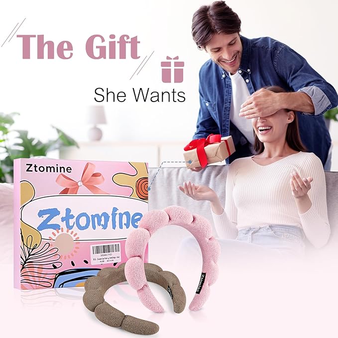 Ztomine Spa Headbands, Set of 2, Terry Cloth Headband Face Wash Headband Combo Pack - Puffy Makeup Headbands for Face Washing, Mask (Dark khaki + pink)
