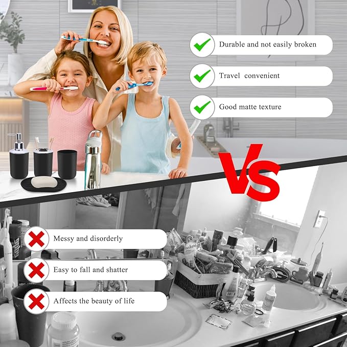 LGURT Matte Black Bathroom Accessories Set, 4-Piece Plastic Black Bathroom Organizer with Soap Dispenser, Toothbrush Holder, Rinse Cup & Soap Dish, Classic Black Bathroom Decor