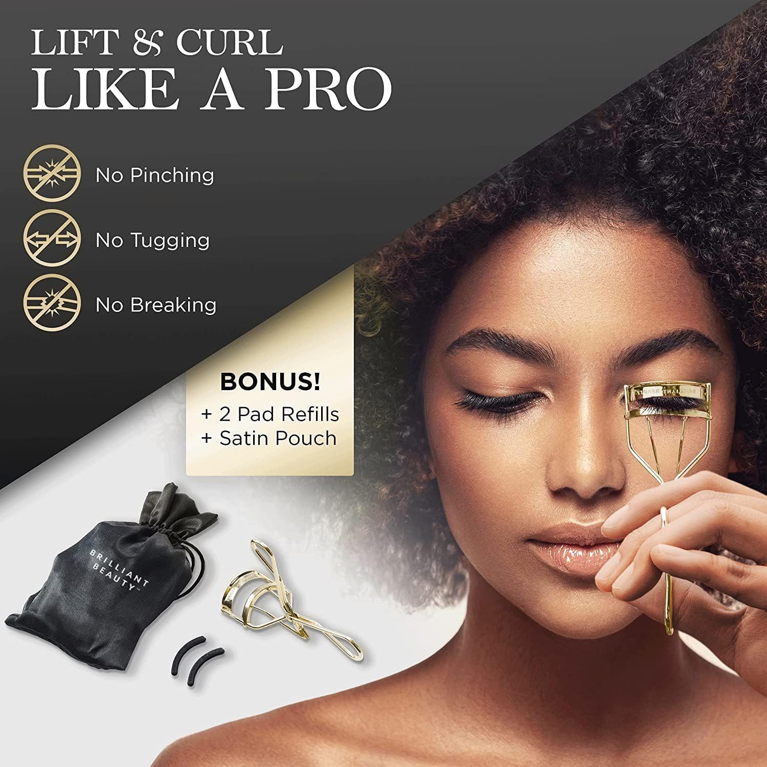 Brilliant Beauty Eyelash Curler - Satin Bag & Refill Pads, Gold