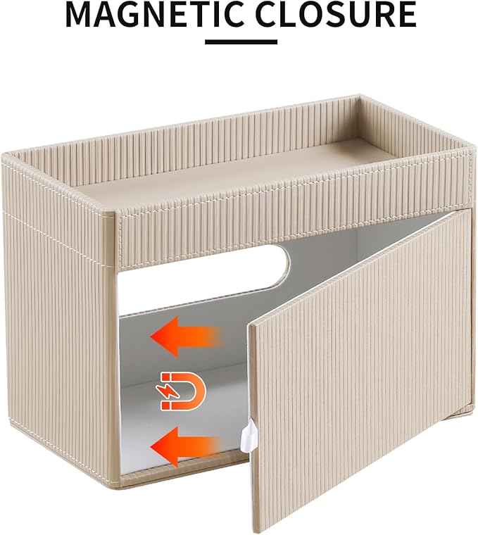 Tissue Box Cover Rectangle with Storage Tray, PU Leather Tissue Holder for Bathroom Vanity Countertop Night Stands Bedroom Office Desk, Stylish Rectangular Tissue Box Holder (Beige)