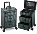 Adazzo Professional Rolling Makeup Train Case with Drawers, Makeup Case on Wheels, Nail Tech Rolling Cart Storage Organizer Trolley Make up Case for Travel Makeup/Nail Art/Hair Styling, Dark Green