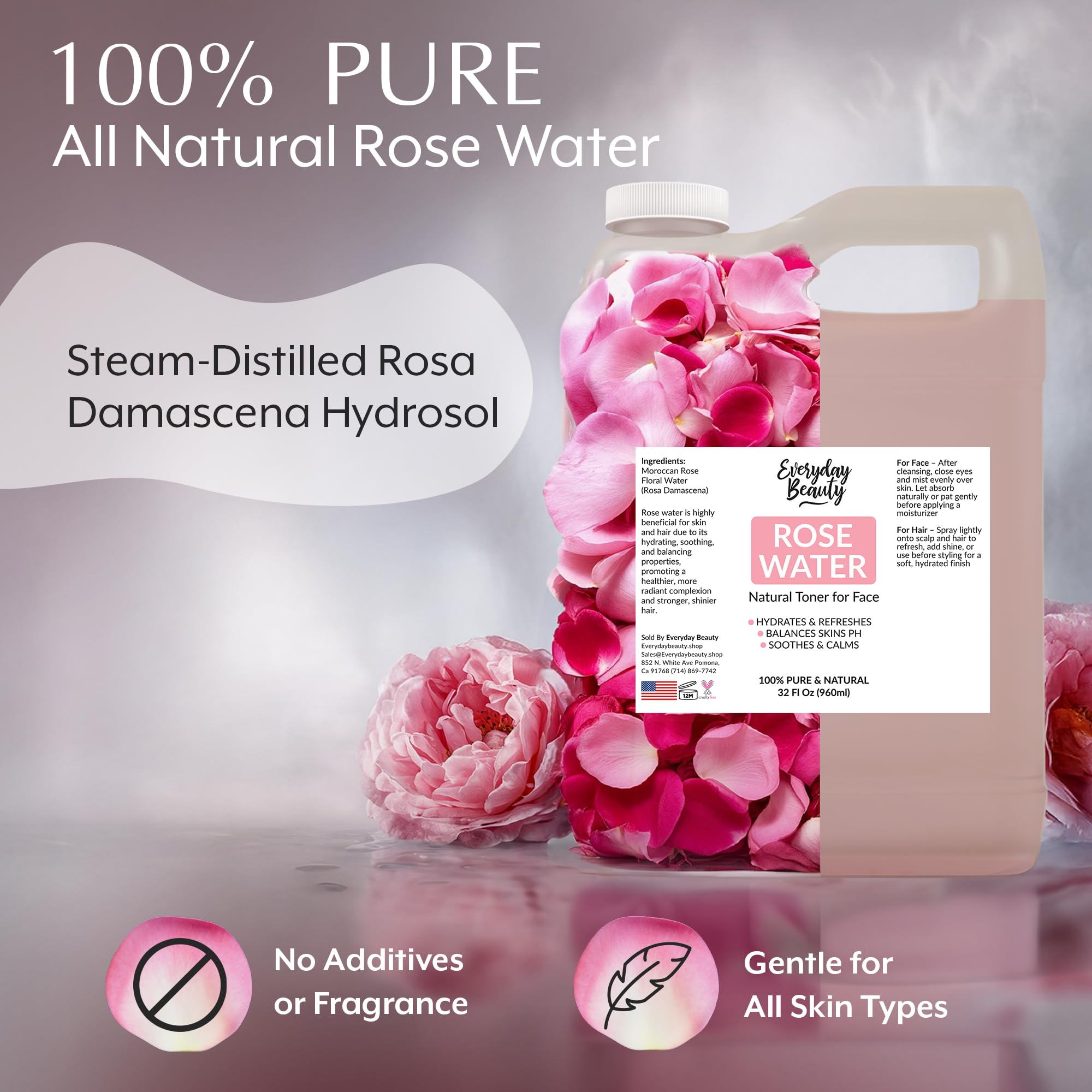 Rose Water Facial Toner - 32oz Bulk Alcohol-Free Vegan All Natural Refreshing for Face and Hair - Uplifts, Calming & Soothing for All Skin Types