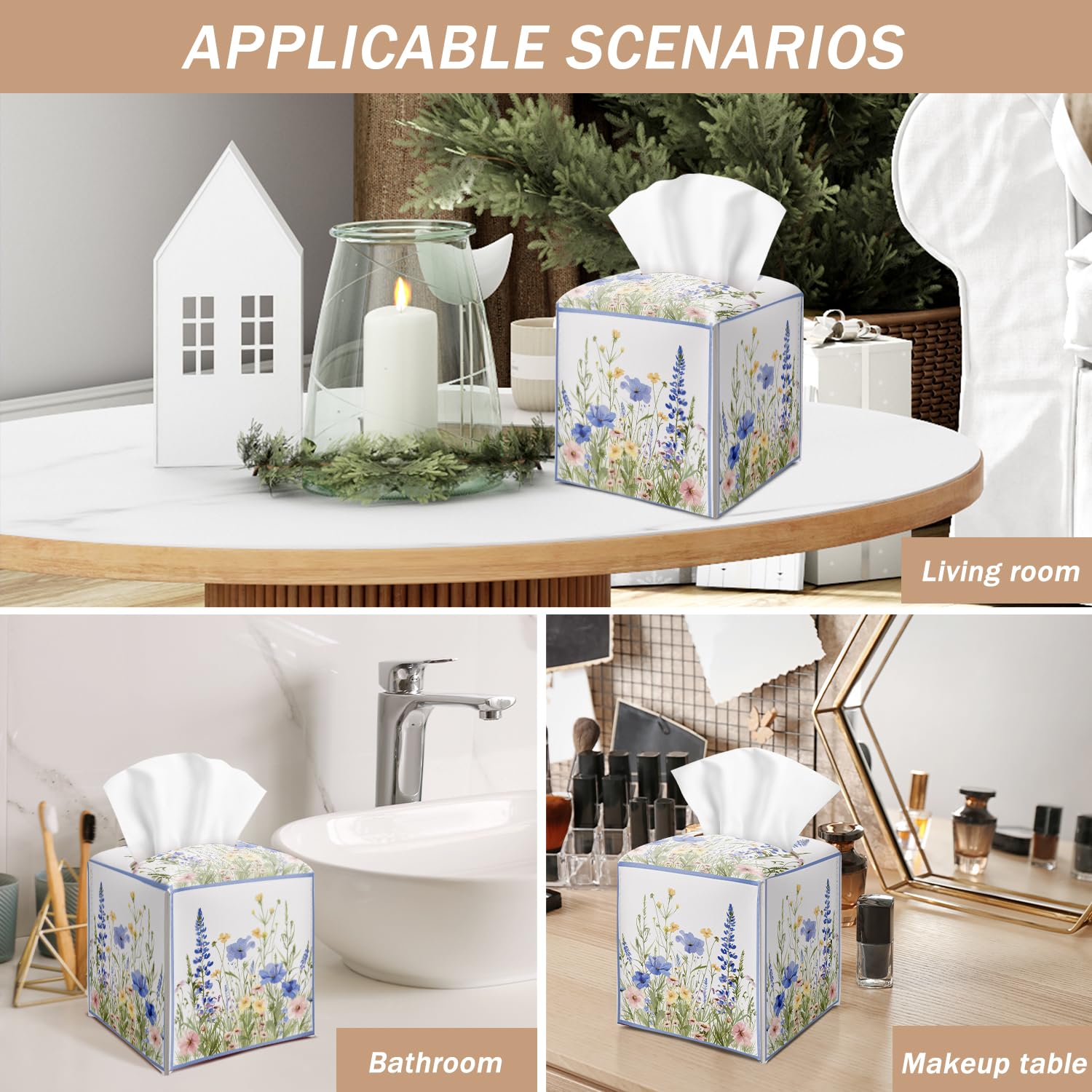 Wildflowers Tissue Box Cover Square with Bottom Belt, Floral Leather Waterproof Tissue Holder Facial Paper Case for Tabletop Home Office Bathroom Car Decor -07