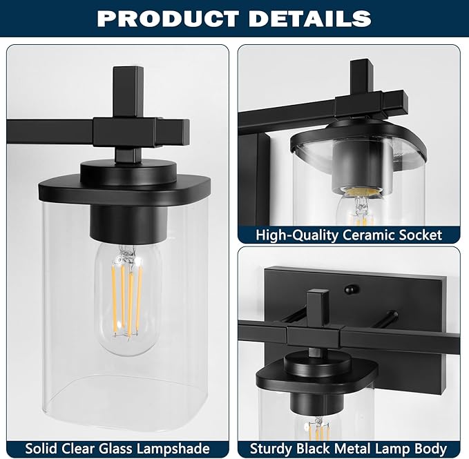 3-Lights Bathroom Vanity Light Fixtures, Modern Black Vanity Lights Over Mirror with Clear Glass Shade for Bathroom, Wall Mounted Lamp for Bedroom Hallway Living Room