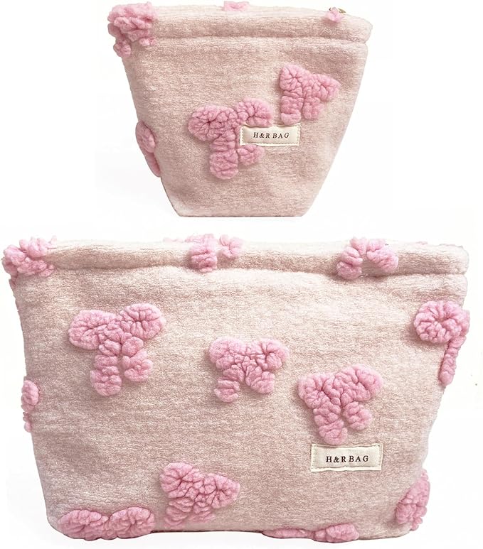 getgto 2 Pcs Makeup Bags, Large Cosmetic Bag Travel Toiletry Bag Organizer for Women, Plush Makeup Bag Small Cosmetic Pouch Purse with Zipper Gifts for Girls Teen