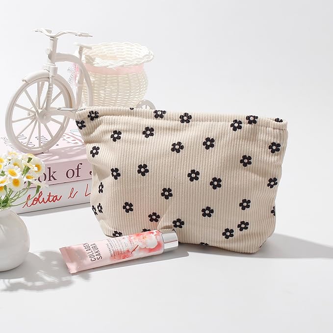 Gardsell Cosmetic Bags for Women - Corduroy Cosmetic Bag Aesthetic Women Handbags Purses Smile Dots Makeup Organizer Storage Makeup Bag Girls Case Bags (Flowers-Plum blossom)