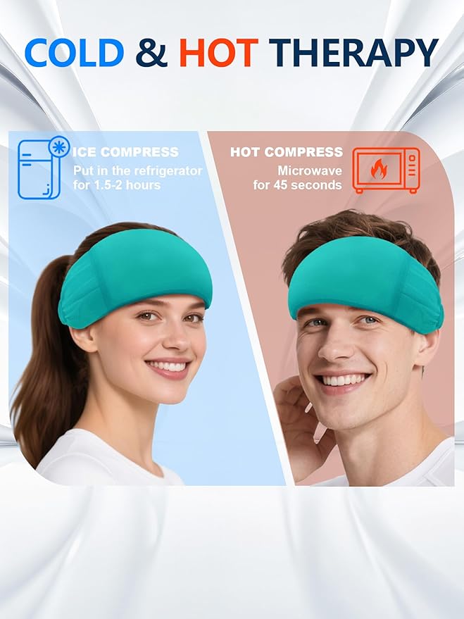 Migraine Relief Cap,Soothing Headache Migraine Hat Ice Head Wrap,Hangover Cap Face Mask Cold Compression for Tension,Puffy Eyes,Stress,Sinus,Ice Blue