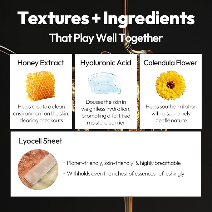 LAPCOS K Beauty Honey Sheet Mask - Nourishing & Hydrating Face Masks with Hyaluronic Acid to Hydrate and Tighten Dry Skin - Highly Breathable Lyocell Sheet Korean Skin Care Beauty Favorite (Pack of 5)