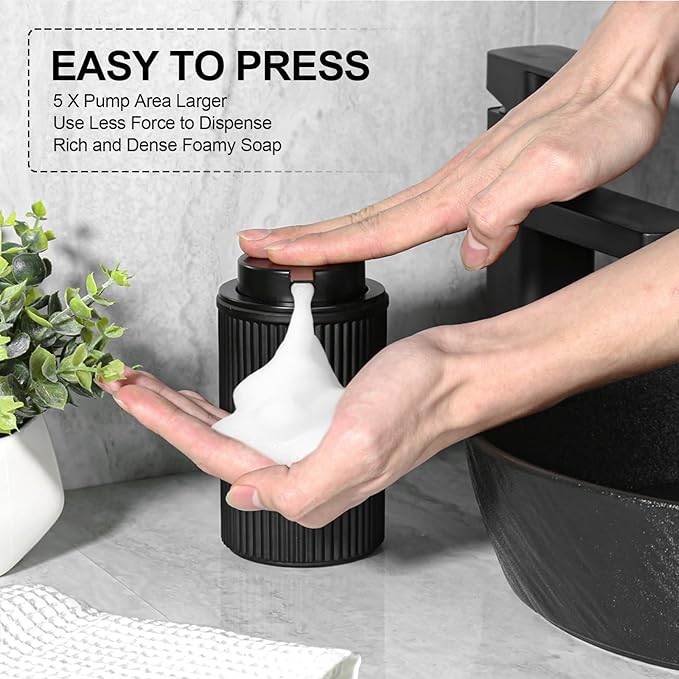 Matte Black Foaming Soap Dispenser, Ribbed Glass Foam Hand Soap Dispenser for Bathroom, 11 Fl Oz Refillable Foaming Bottle with Black Pump, Modern Dish Soap Foam Dispenser