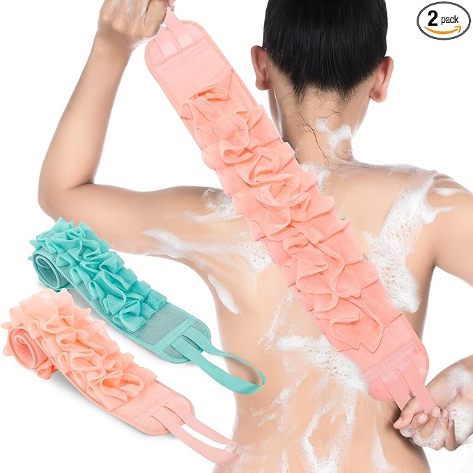 2 Pack Exfoliating Back Scrubber Double Sided Exfoliating Cloth with Strap Long Body Scrub Sponge Shower Loofah with Handle for Women Men Deep Clean Body Washing (Pink, Blue, Soft Cloth)