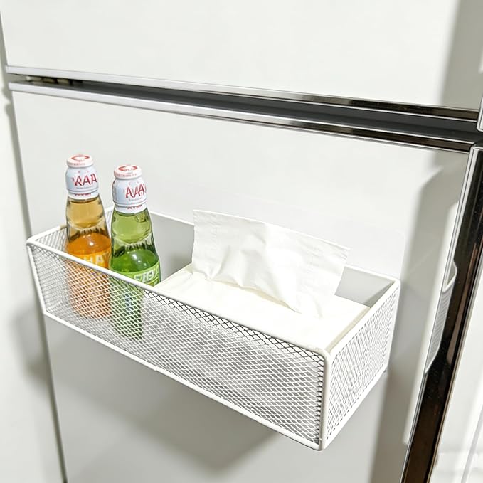Magnetic Basket Organizer Holder for Fridge，Magnetic Shelf for Washing Machine， Magnetic Mesh Basket, White Rectangular Steel Shelf Organizer, 10.43 x 4.92 x 3.15 Inches (White, 2 pack)