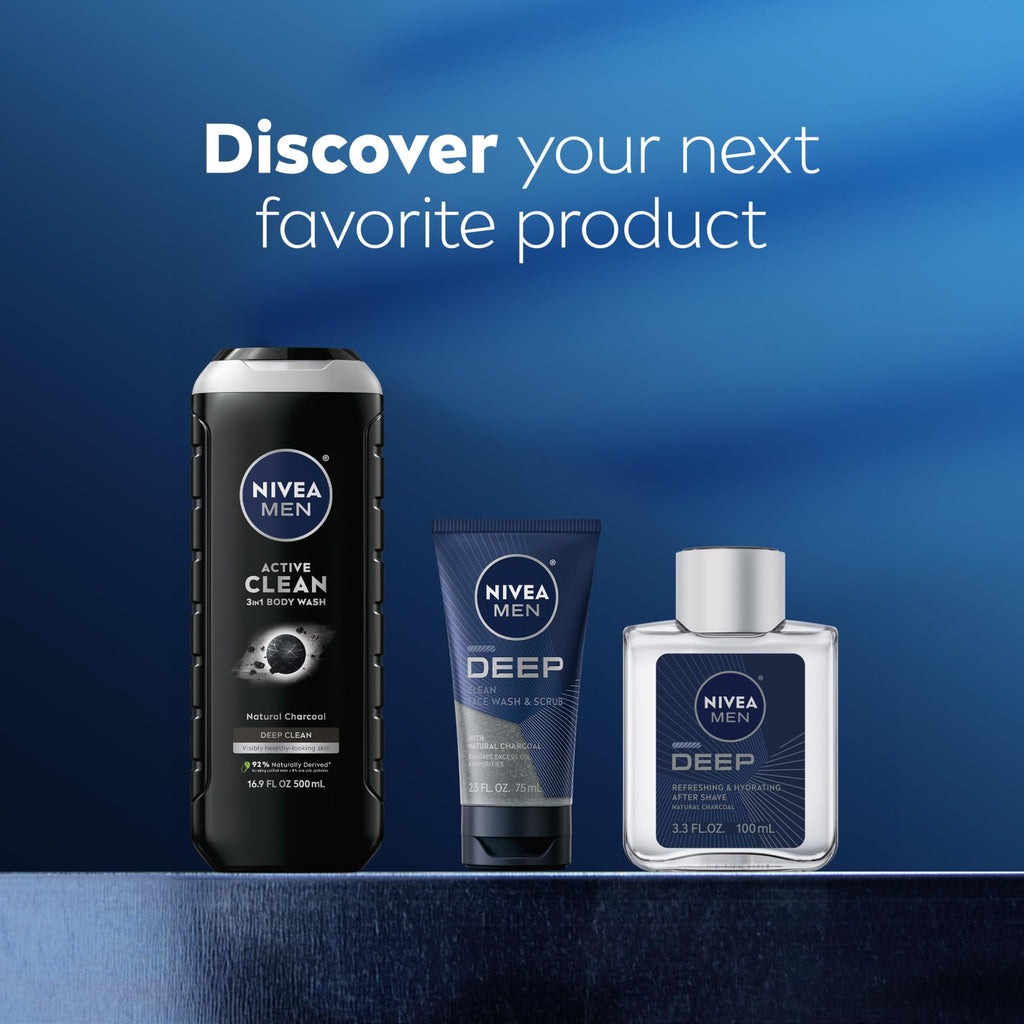 NIVEA Men Active Clean Body Wash with Natural Charcoal for Normal to Oily Skin, 3-in-1 Charcoal Body Wash, Face and Hair, Draws Out Dirt and Impurities, 30 Fl Oz Bottle
