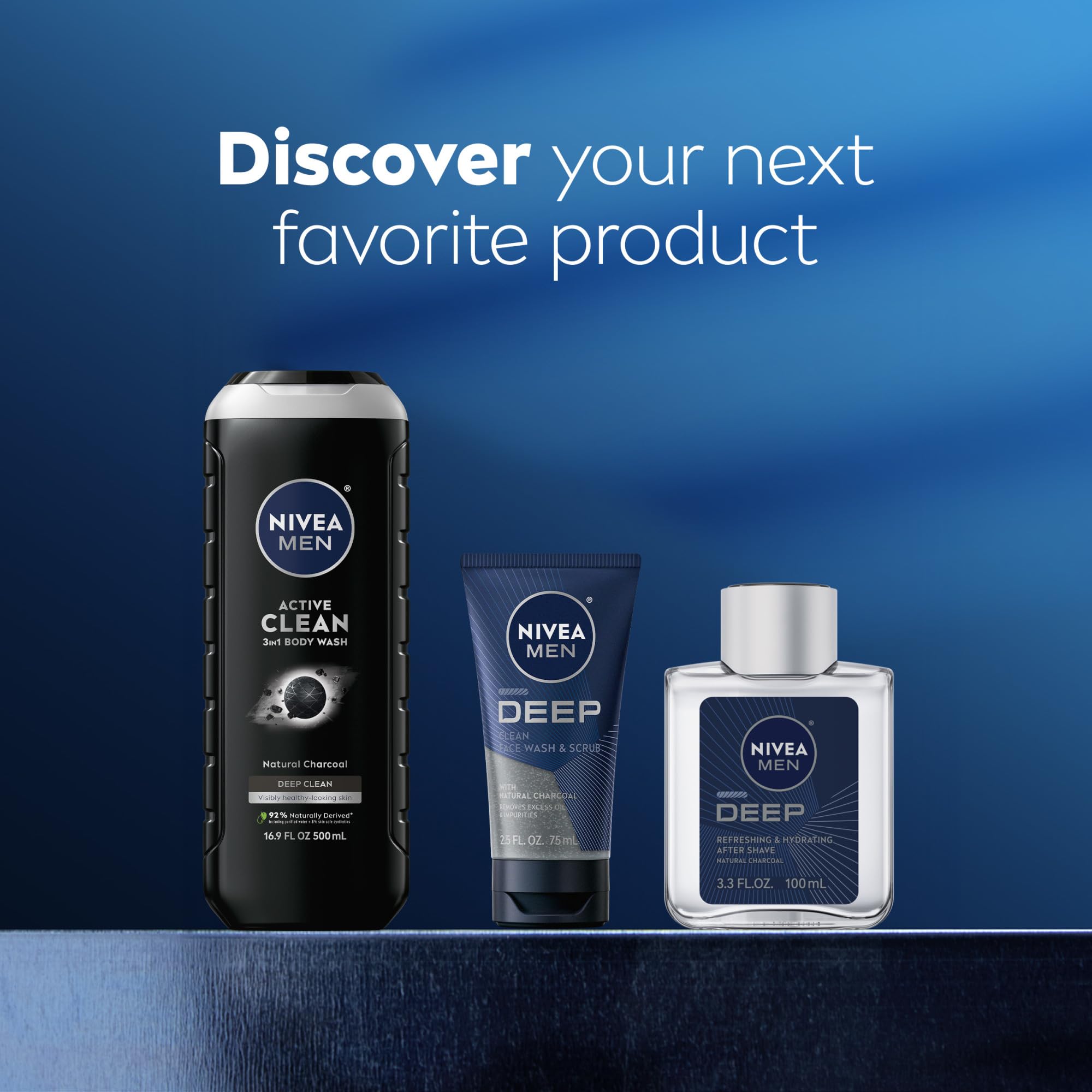NIVEA Men Active Clean Body Wash with Natural Charcoal for Normal to Oily Skin, 3-in-1 Charcoal Body Wash, Face and Hair, Draws Out Dirt and Impurities, 30 Fl Oz Bottle