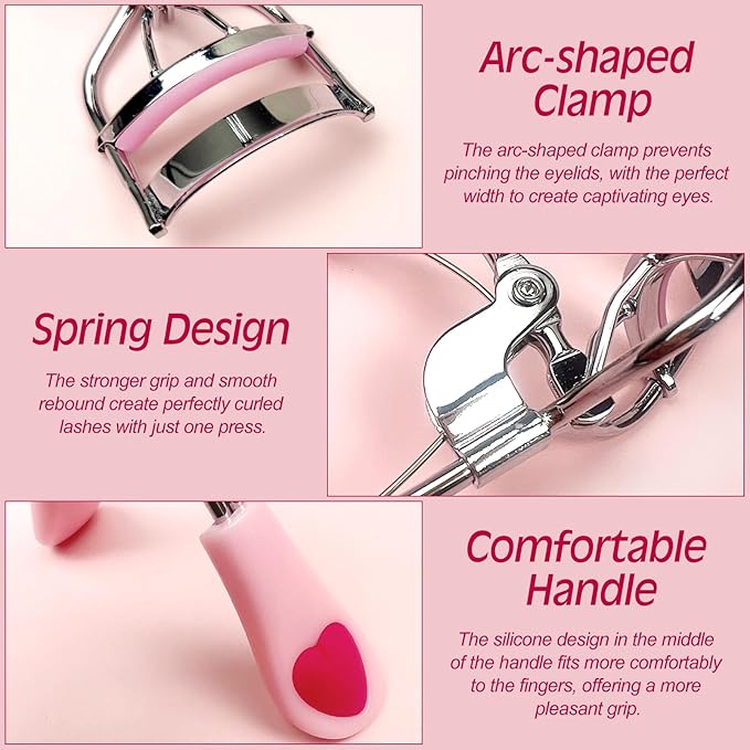 Pink Stainless Steel Eyelash Curler for Lasting Styling, with 4 Silicone Refill Pads, Pain-Free, Suitable for All Eye Shapes