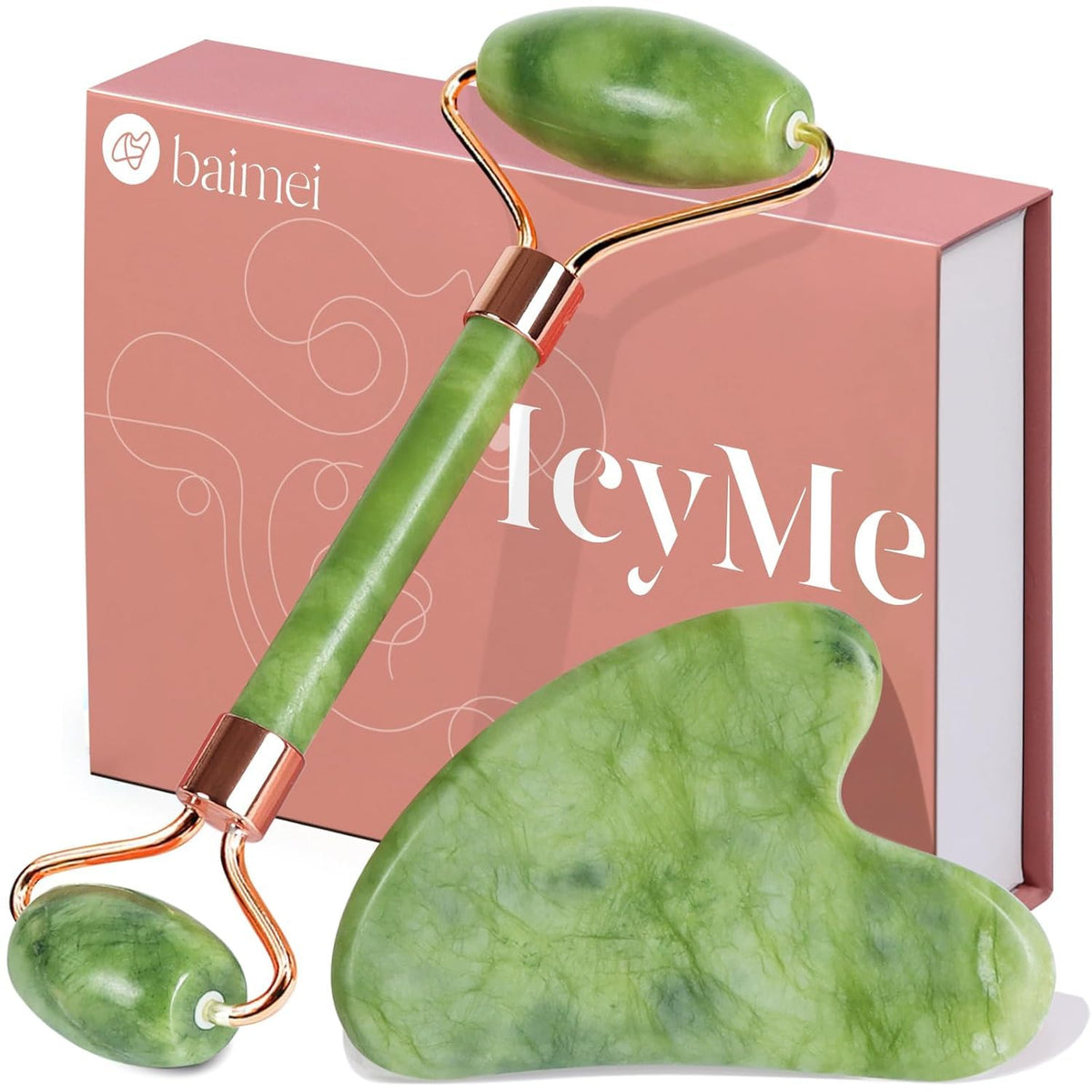 BAIMEI IcyMe Jade Roller & Gua Sha Facial Tool Set for Face Depuffing