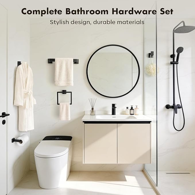 5-Pieces Matte Black Bathroom Hardware Accessories Set, SUS304 Stainless Steel Bath Towel Bar Set, Towel Racks for Bathroom Wall Mounted.