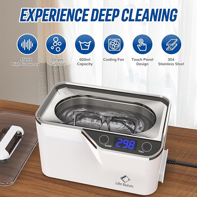 LifeBasis Ultrasonic Cleaner – 45kHz Professional Ultrasonic Jewelry Cleaner 600ML with Built-in Cooling Fan, 5 Digital Timer for Rings, Coins, Watches, Eyeglasses, Dentures, Retainers & More, White