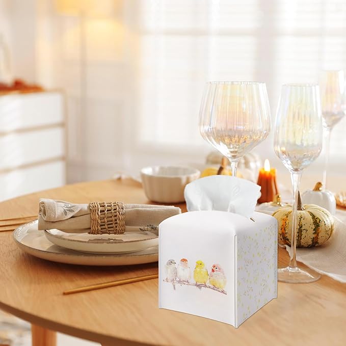 Cute Birds & Flowers Design Spring Tissue Box Cover - PU Leather Waterproof Tissue Holder - Facial Paper Organizer for Home Bathroom Office - Desk Seasonal Decorative Dispenser Box-B01