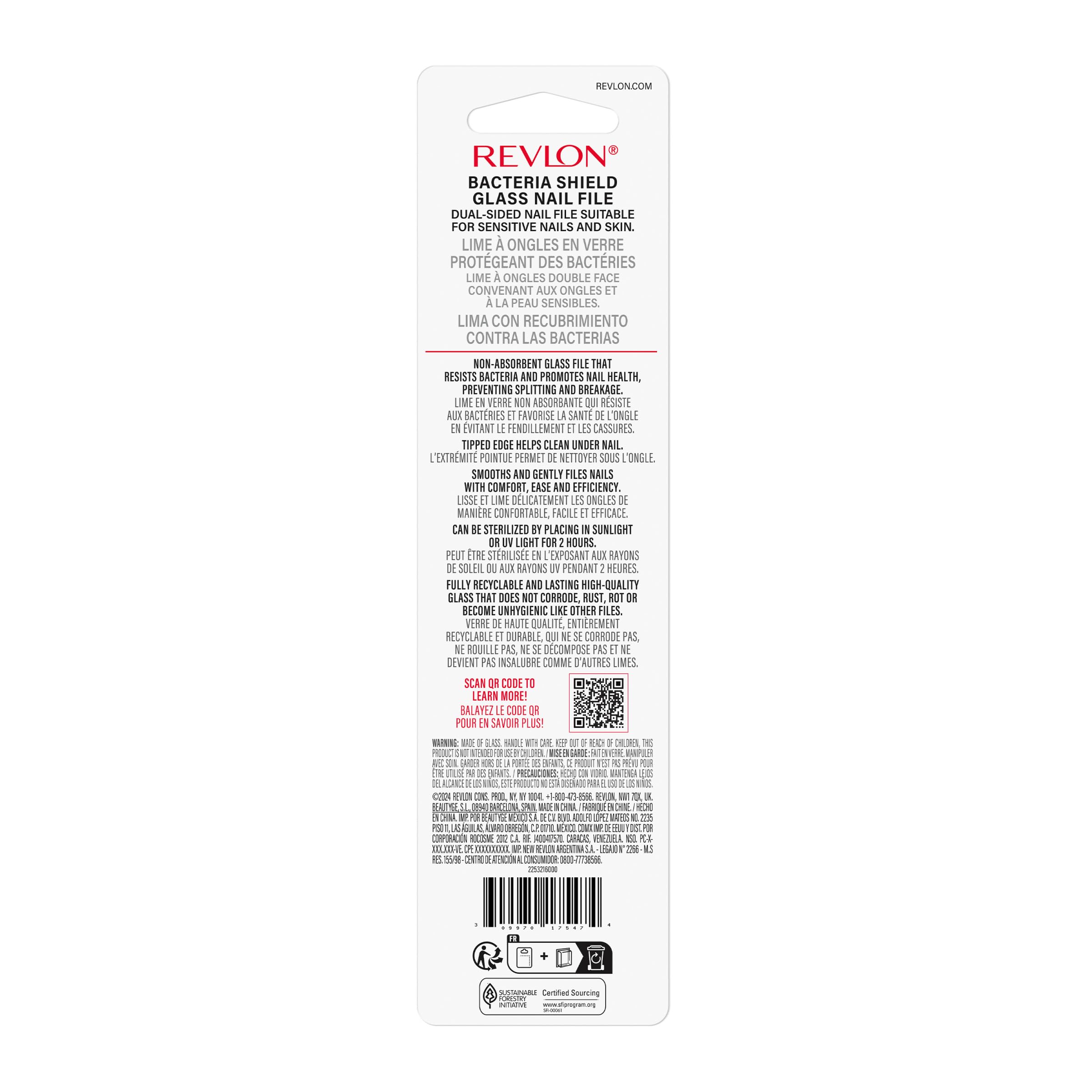 Revlon Glass Nail File, Manicure Tool for Shaping Natural Fingernails, Self-Cleaning with Bacteria Shield Technology, 1 Count