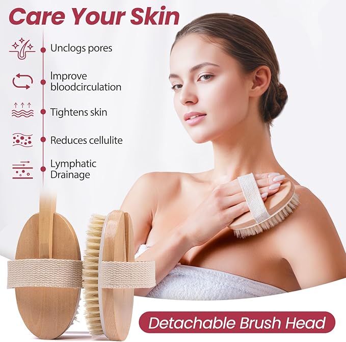 Vafada Wood Bath Brush,Long Handle Body Back Scrubber with Soft and Natural Bristles Antiskid Shower Brush Set for Bathroom Wet or Dry Exfoliating (6 Pack) (20.6'' Long Handle)