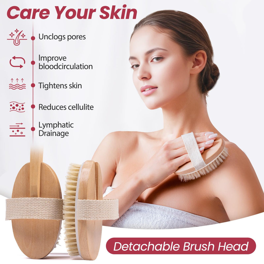 Vafada Wood Bath Brush,Long Handle Body Back Scrubber with Soft and Natural Bristles Antiskid Shower Brush Set for Bathroom Wet or Dry Exfoliating (6 Pack) (20.6'' Long Handle)