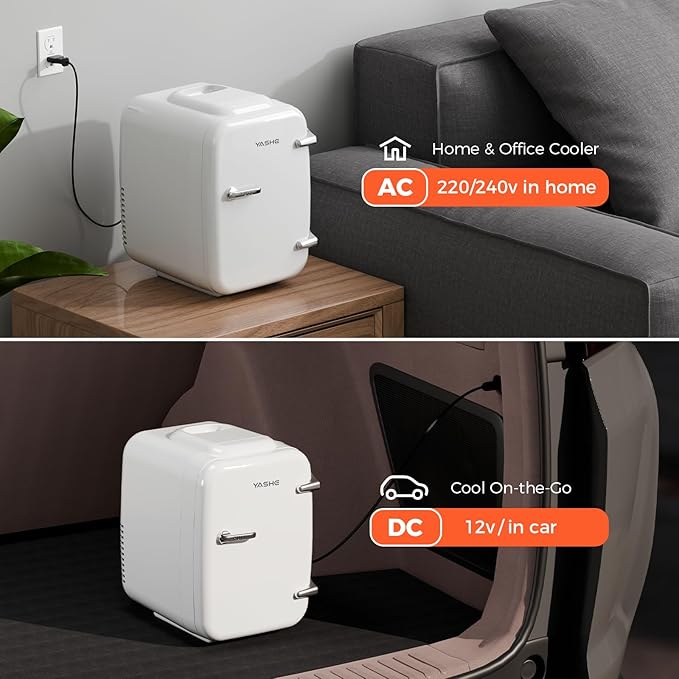 YASHE Mini Fridge, 4 Liter/6 Can Mini Makeup Fridge, 110V AC/ 12V DC Portable Thermoelectric Cooler&Warmer for Skincare, Drink, Cosmetic, Medicine, Small fridge for Bedroom, Office, Dorm, Car, White