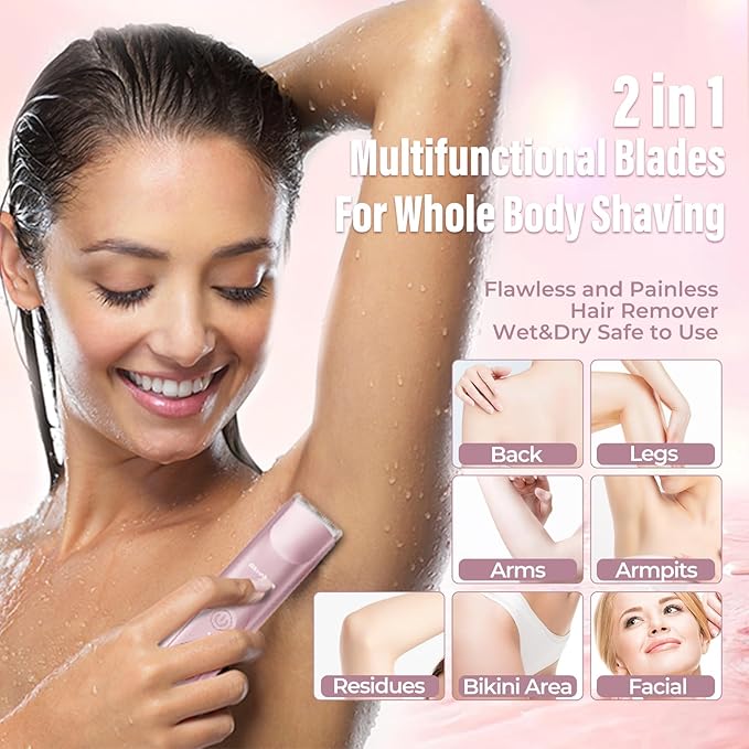 Bikini Trimmer for Women - 2 in 1 Electric Razors for Women - Dual Head Electric Shaver - IPX7 Waterproof Wet & Dry Use Body Hair Trimmer and Facial Hair Remover for Bikini Underarm Leg Arm
