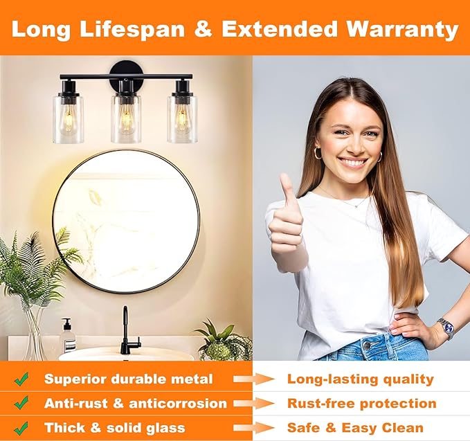 DLLT 3-Light Bathroom Light Fixtures: 18.51" Black Modern Vanity Lights with Clear Glass Shade - Bathroom Wall Lamp for Mirror Kitchen Living Room Hallway Cabinet Porch