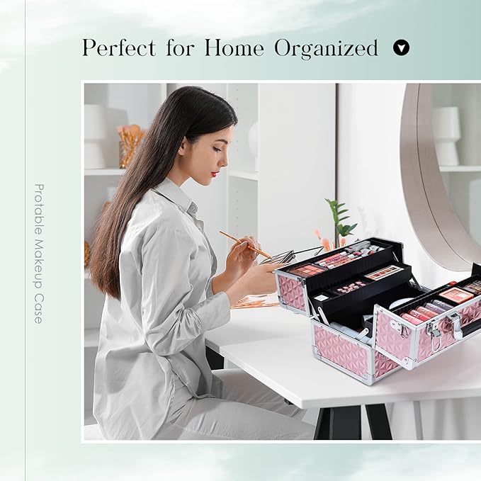 Joligrace Makeup Train Case Professional Cosmetic Organizer Aluminum Storage Box with 4 Adjustable Dividers Trays Lockable Portablewith Shoulder Strap - Neutral Pink