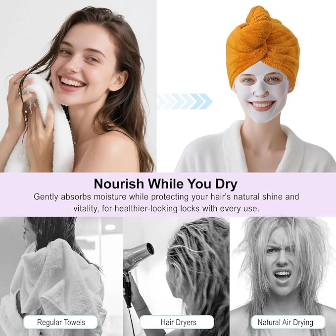 Microfiber Hair Drying Towel Wrap for Women, Hair Turbans Towel for Wet Hair,turbie Twist Hair Towels(The Color of the Picture is for Reference only) (Apricot Yellow-Double Layer)
