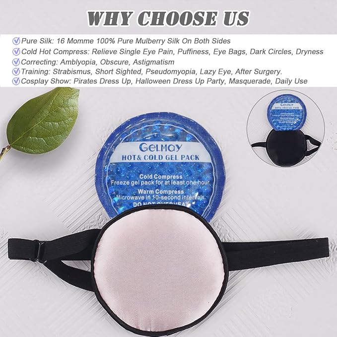 Cooling Eye Patches for Puffy Eyes, Pure Silk Ice Eye Patch, Single Eye Mask, Medical One Eye Cover Cold Hot Therapy Strabismus Lazy Eyes After Surgery Adult Kid Pirate Eyepatch (2 Black New)