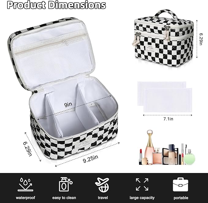 Gosect Makeup Bag, Portable Travel Make up Bag, Large Capacity Quilted Cosmetic Organizer Bag, Cute Floral Toiletry Bag for Women Girls