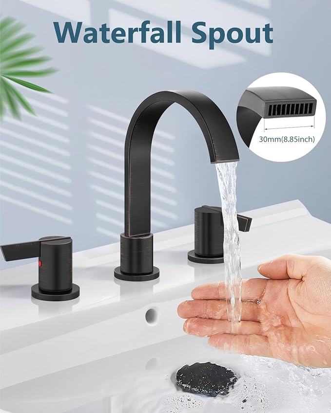 Aolemi Bathroom Faucets 3 Hole,8 Inch Widespread Waterfall Bathroom Sink Faucet,2 Handles Vanity Faucet with Pop-up Drain and Supply Hose,Oil Rubbed Bronze