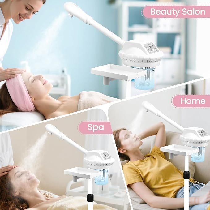 Facial Steamer Professional, Facial Steamer on Wheels, Ozone Face Steamer with More Steam for Deep Cleansing and Hydration, Estheticians Steamer for Beauty, Spa and Home Use（White）