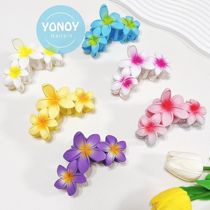 YONOY 6Pcs Flower Hair Clips for Women,Non-Slip Matte Flower Hair Clips for Women,Hawaiian Hair Flower Clip Large Plumeria Strong Hold Hair Claws Banana Cute Clip Beach Hair Accessories