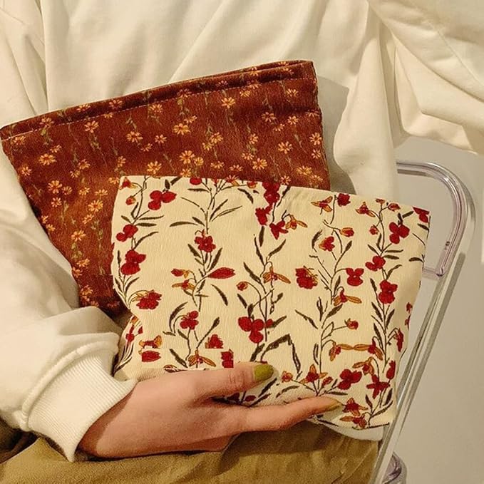 SxoSyo Floral Makeup Bag, Corduroy Cosmetic Bags, Beige