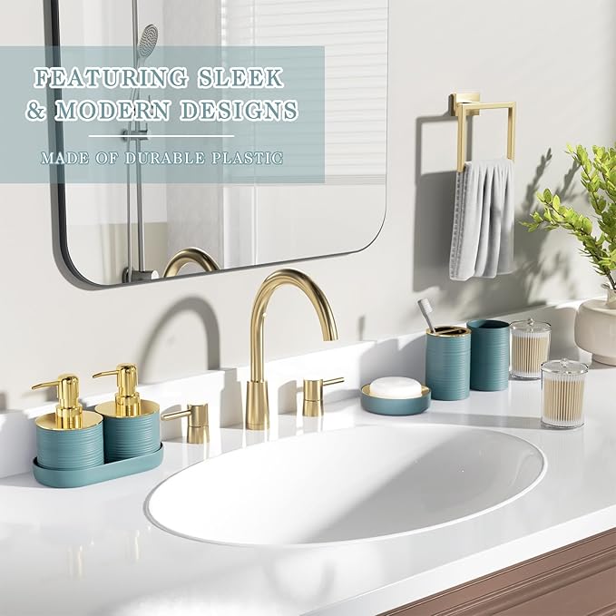 InnJoey Bathroom Set, 10PC Bathroom Accessory Set, Light Blue Bathroom Accessories, Blue and Gold Bathroom Set with Trash Can, Soap Dispensers