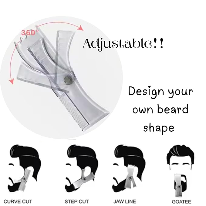 Sasha Square Adjustable Beard Shaper Template For Men- Kit With Flexible Beard Stencils, Barber Pencil & 3 Pcs Foldable Facial Razors, Style Beard As Per Your Face Shape (Beard Shaper - Transparent)