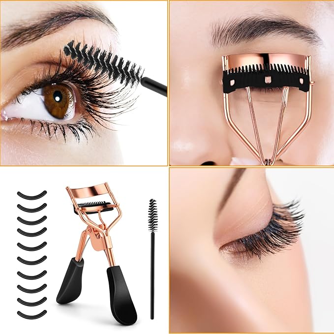 Eyelash Curler Kit Metal Eye Lashes Curler，Professional Makeup Tool with Built-in Comb Eye with 10 Replacement Refill Pads Get Dramatically Curled Eyelashes for Women Girl (Rose Gold)