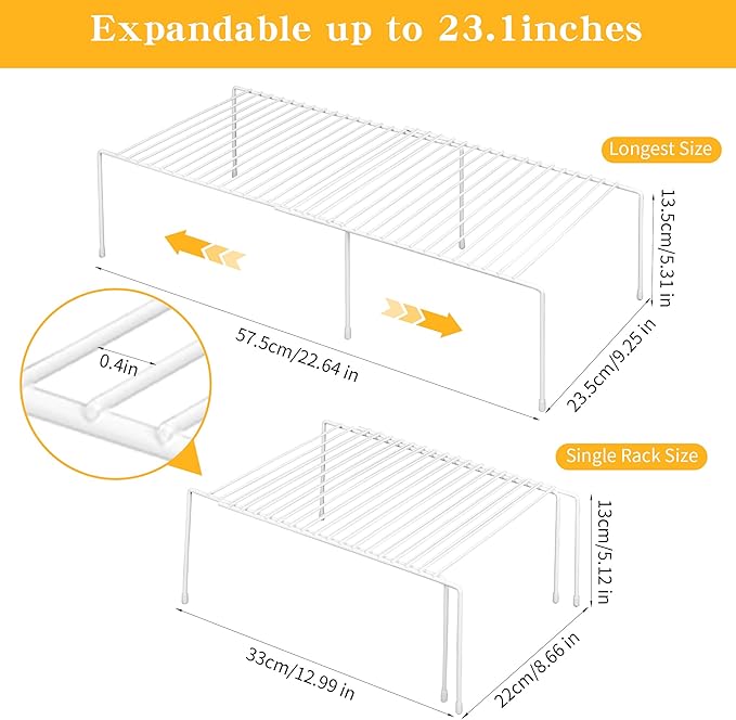 AmaQueen 2 Pcs Expandable Shelf Organizers for Cabinet Closet Cupboard, Adjustable Fridge Shelves Freezer Rack Refrigerator Single Shelf, Extender Plate Shelf for Kitchen (White)