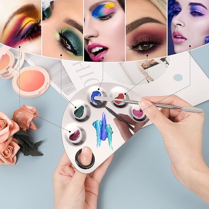 Penugo Professional Stainless Steel Makeup Palette,2 Pieces Cosmetic Palette with Spatula Tool, Nail-art Mixing Palette for Cosmetic Pigment Blending