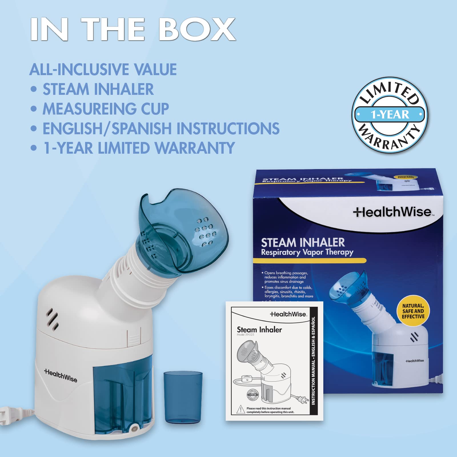 HealthWise Steam Inhaler Respiratory Vapor Therapy | Sinus Pressure, Congestion, Colds & Cough Relief | Facial Steamer, Steam Inhaler, FSA Eligible, Vaporizer or Vocal Steamer | Mask for Cleansing
