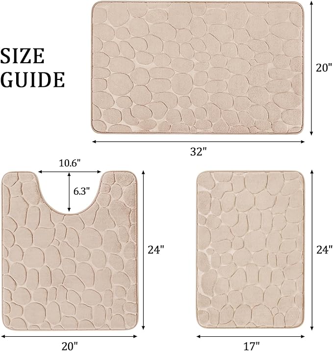 YIHOUSE Bathroom Rugs Mat Set, Memory Foam Bath Mat 3 Piece Khaki