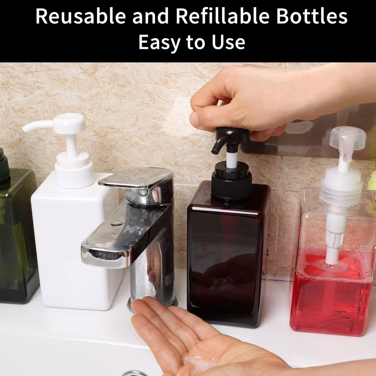 450ml (15.2oz) Pump Bottle Dispenser Jansburg 2Pack Refillable Square Plastic Lotion Dispenser Empty Lotion Pump Bottle for Essential Oil Soap Lotion Shampoo, Bathroom/Kitchen/Travel Amber
