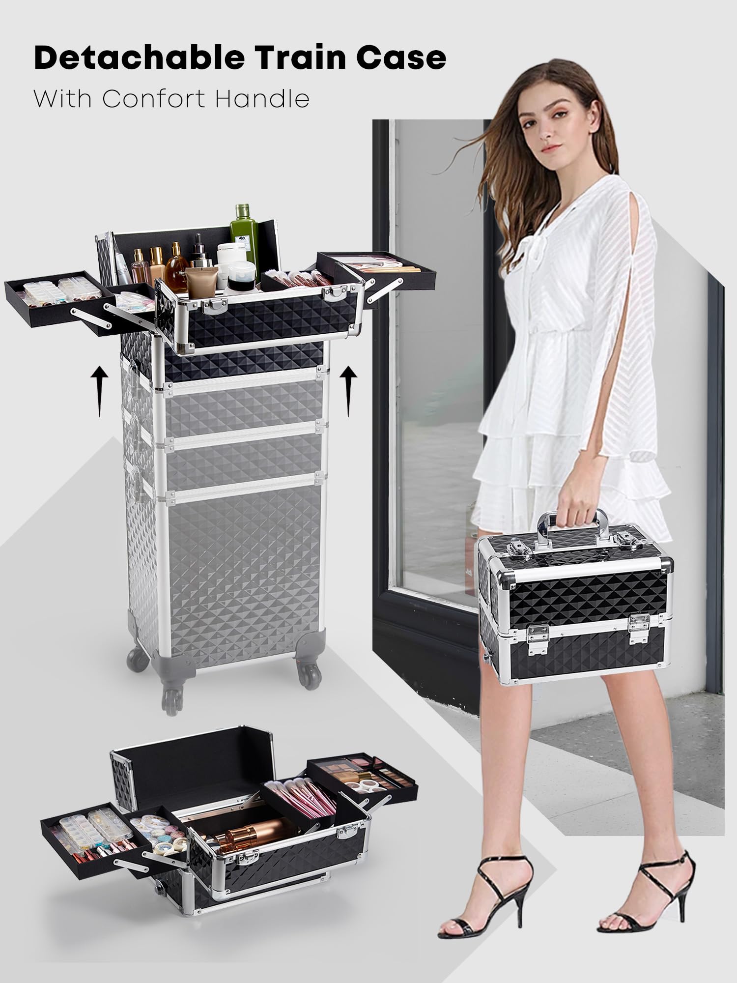Adazzo 4-in-1 Cosmetology Case on Wheels Portable Rolling Makeup Train Case